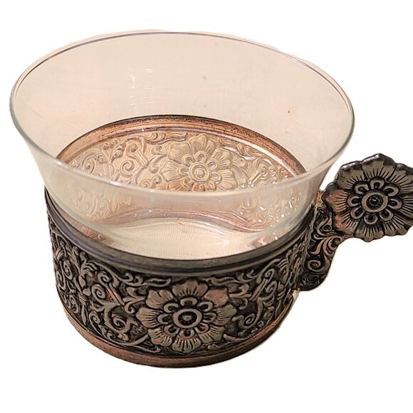 4 Vintage Pewter Saucer Tea Coffee Cups Floral Flower Glass Mug Dining Dinner - Picture 9 of 13